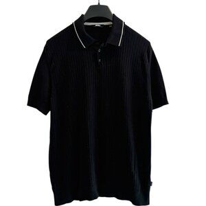 DKNY Men’s Black Ribbed Polo Shirt Short Sleeve Knit Size Large Minimalist‎ Luxe